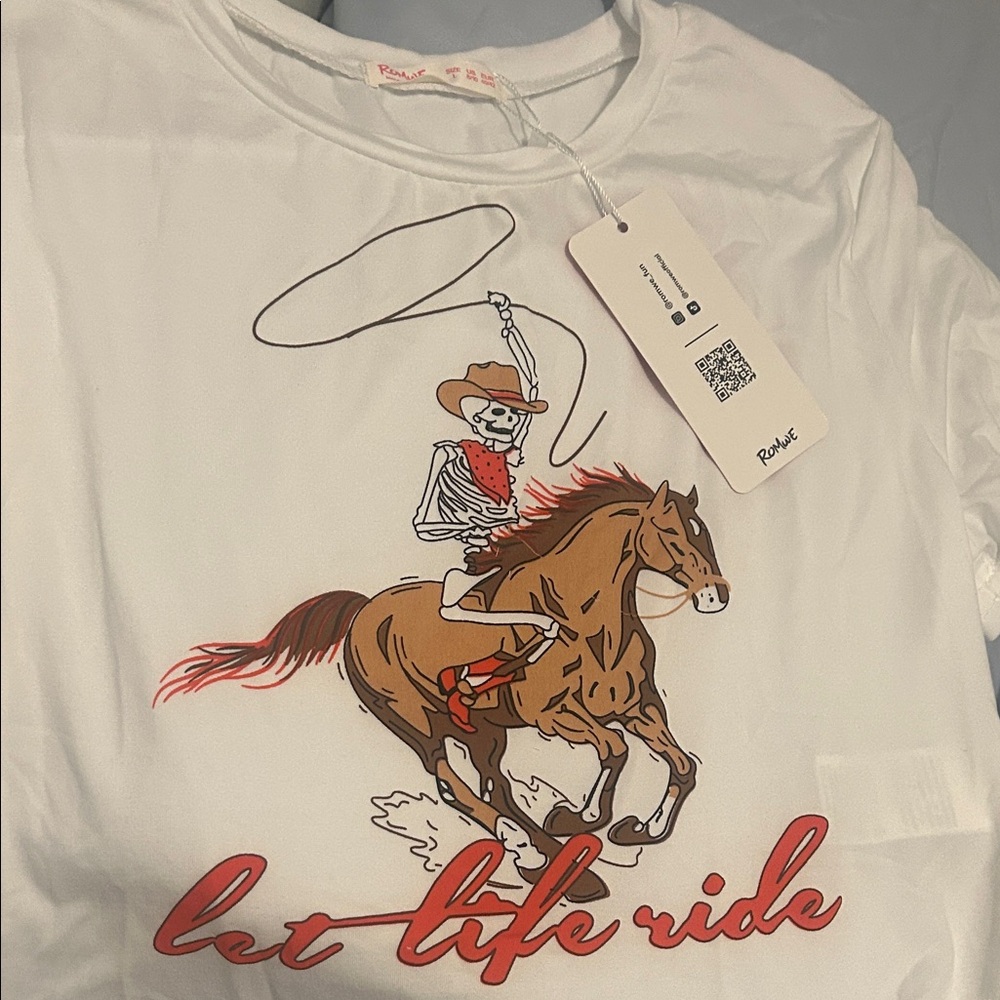 Let Life Ride Skeleton Cowboy Graphic Tee - White with Brown Horse crop tee